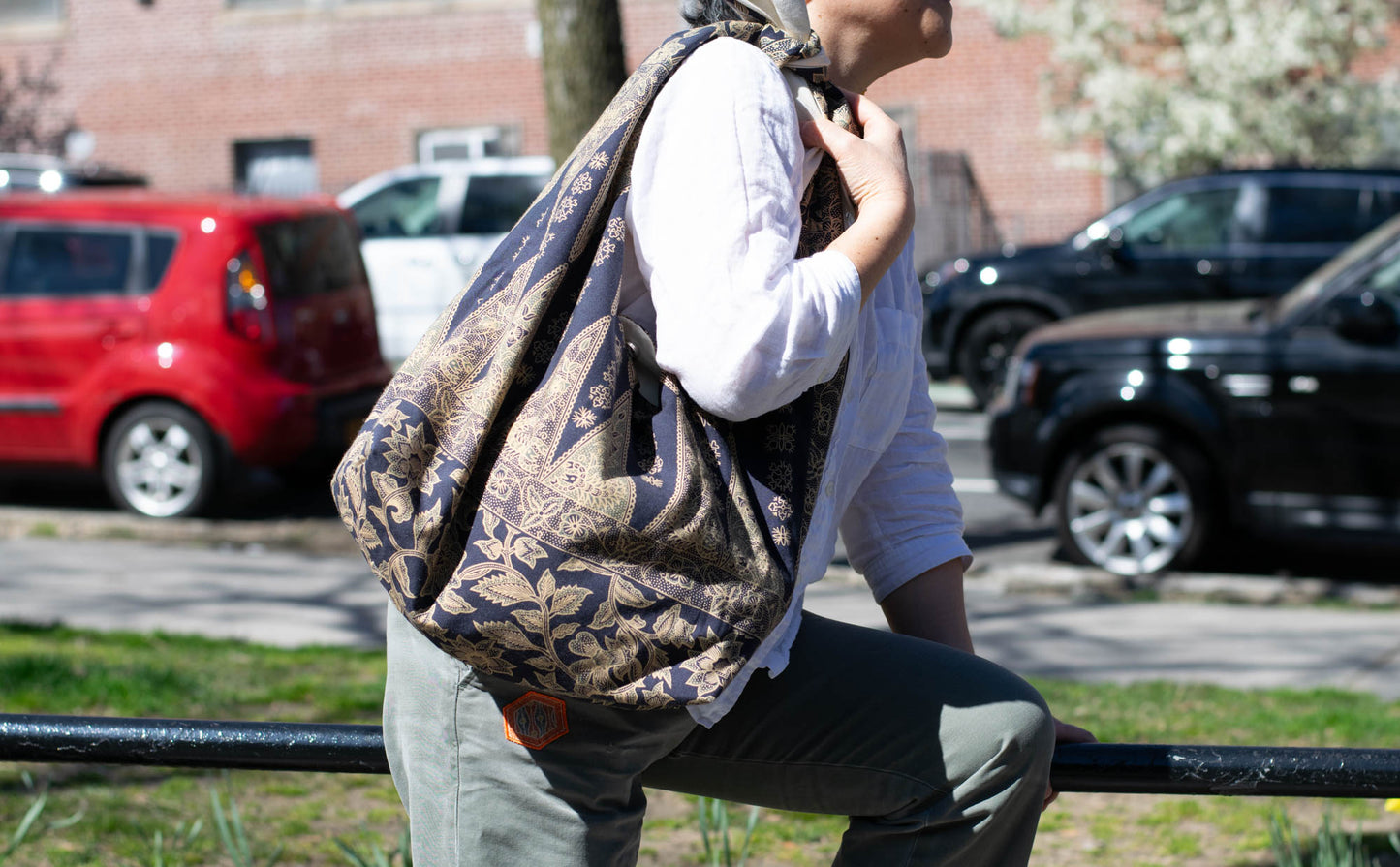 Reversible Shoulder Tie Sac Made from Salvaged Fabric — Dark Blue and Beige Botanical