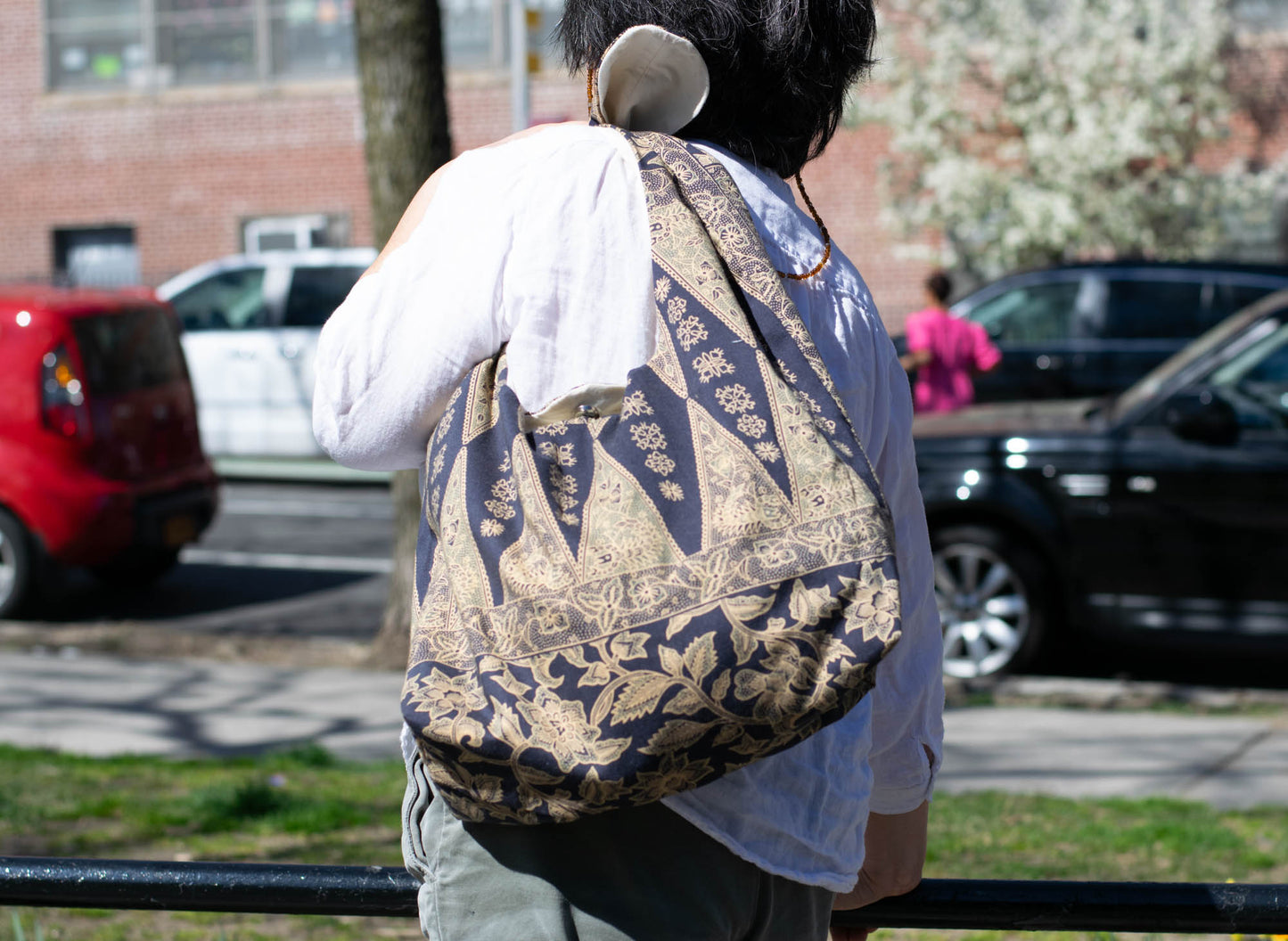 Reversible Shoulder Tie Sac Made from Salvaged Fabric — Dark Blue and Beige Botanical