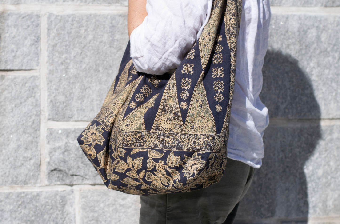 Reversible Shoulder Tie Sac Made from Salvaged Fabric — Dark Blue and Beige Botanical