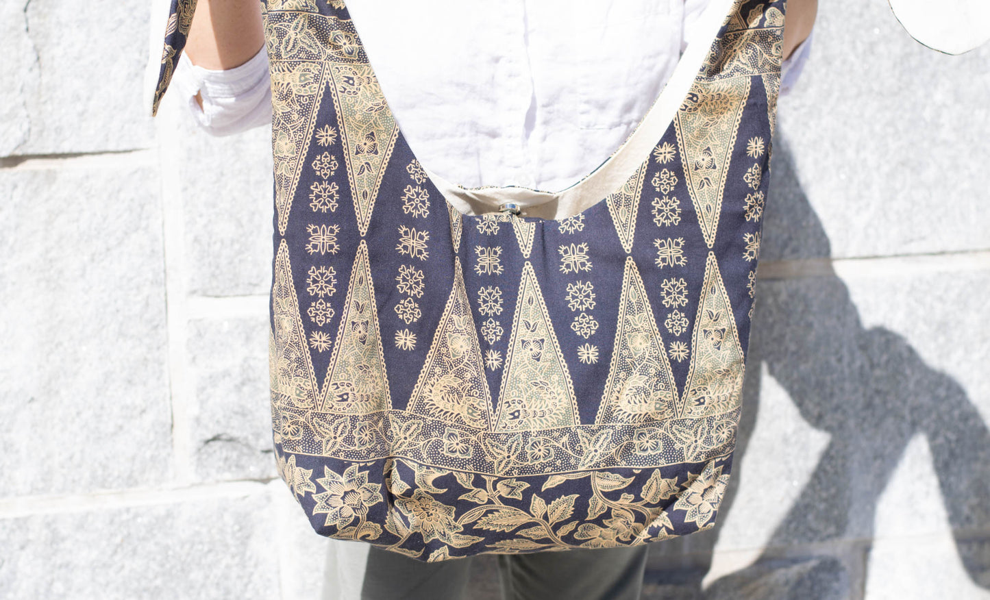 Reversible Shoulder Tie Sac Made from Salvaged Fabric — Dark Blue and Beige Botanical