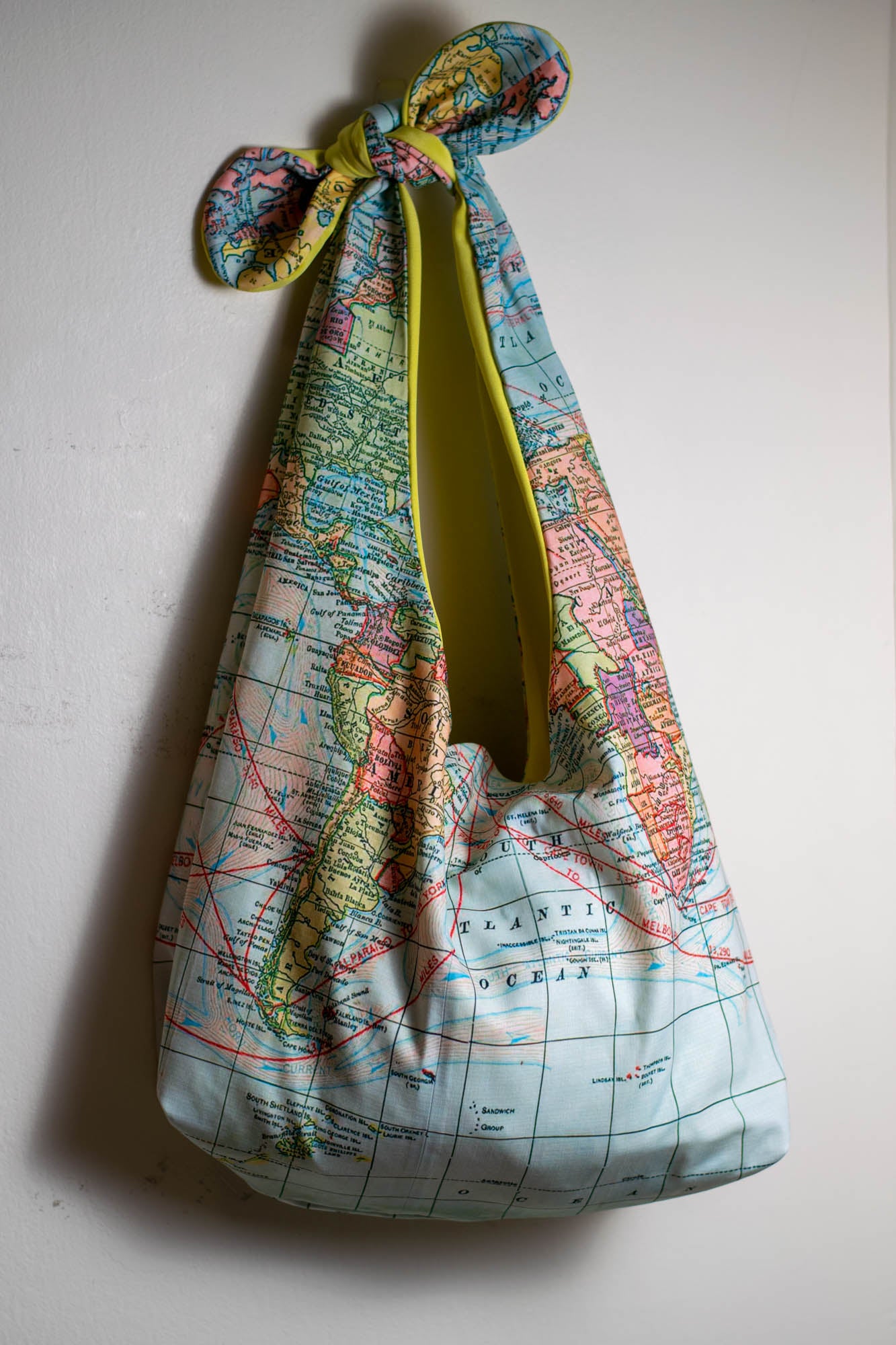 Reversible Shoulder Tie Sac Made from Salvaged Fabric — World Map