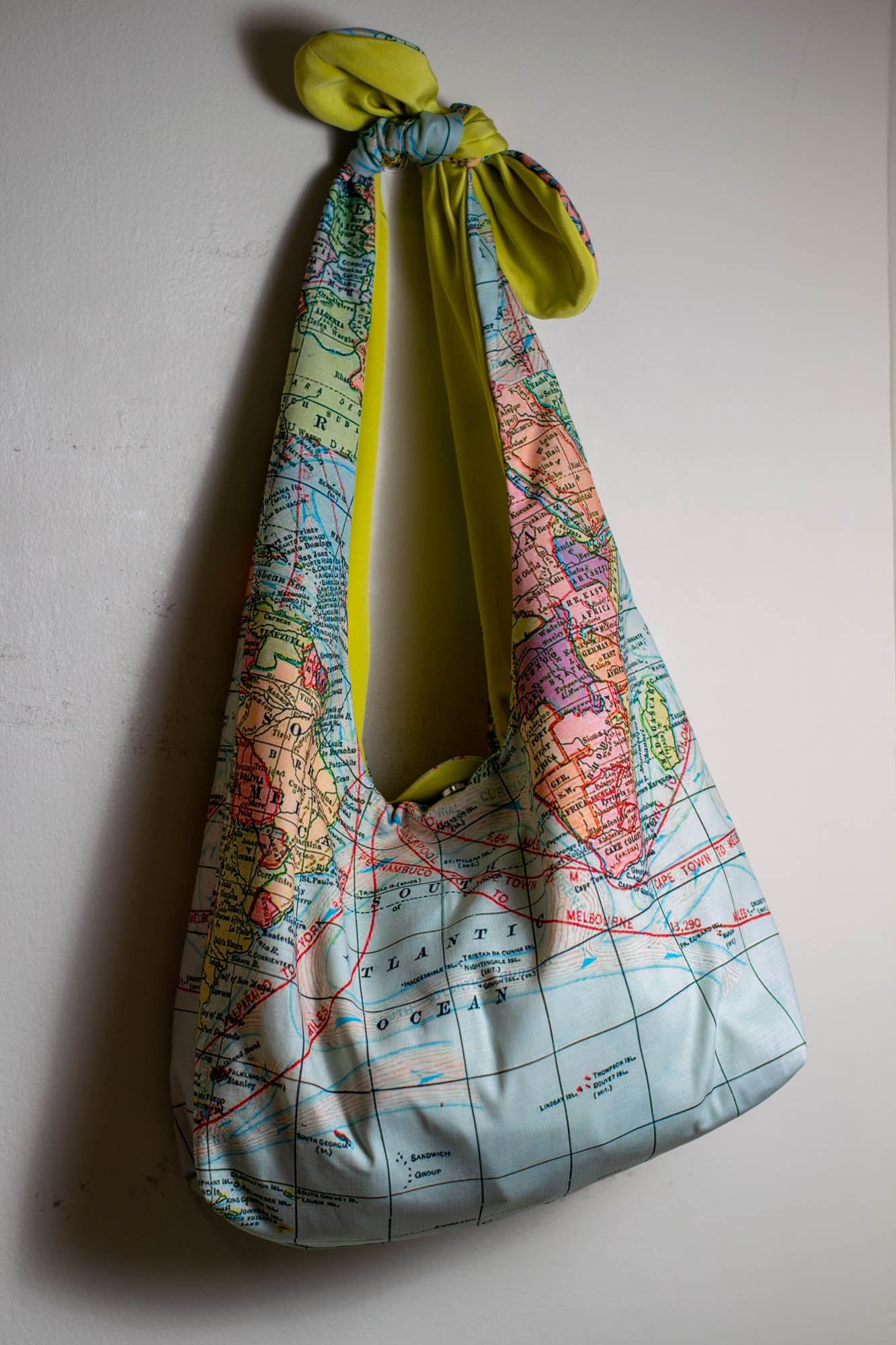 Reversible Shoulder Tie Sac Made from Salvaged Fabric — World Map