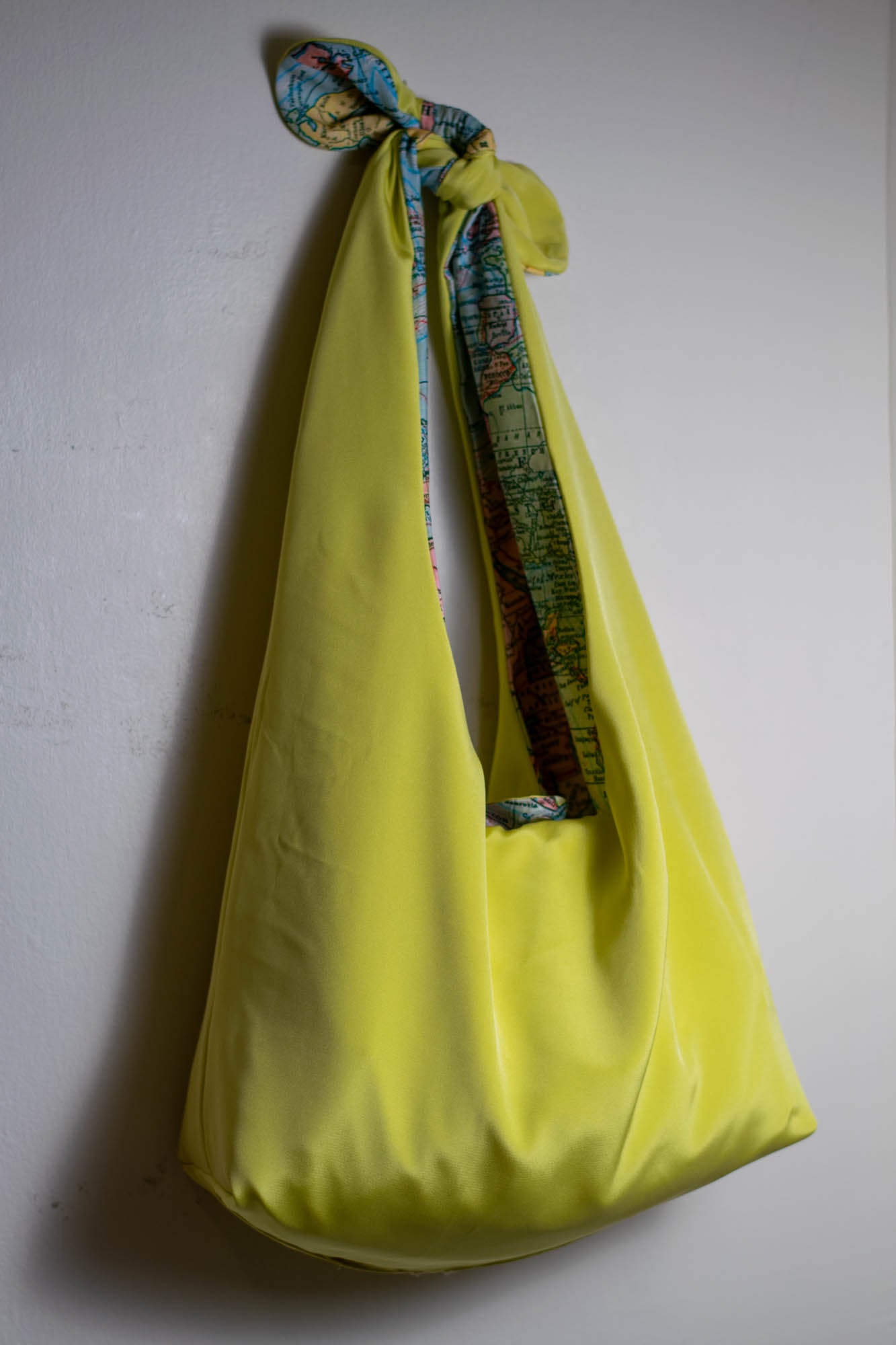 Reversible Shoulder Tie Sac Made from Salvaged Fabric — World Map