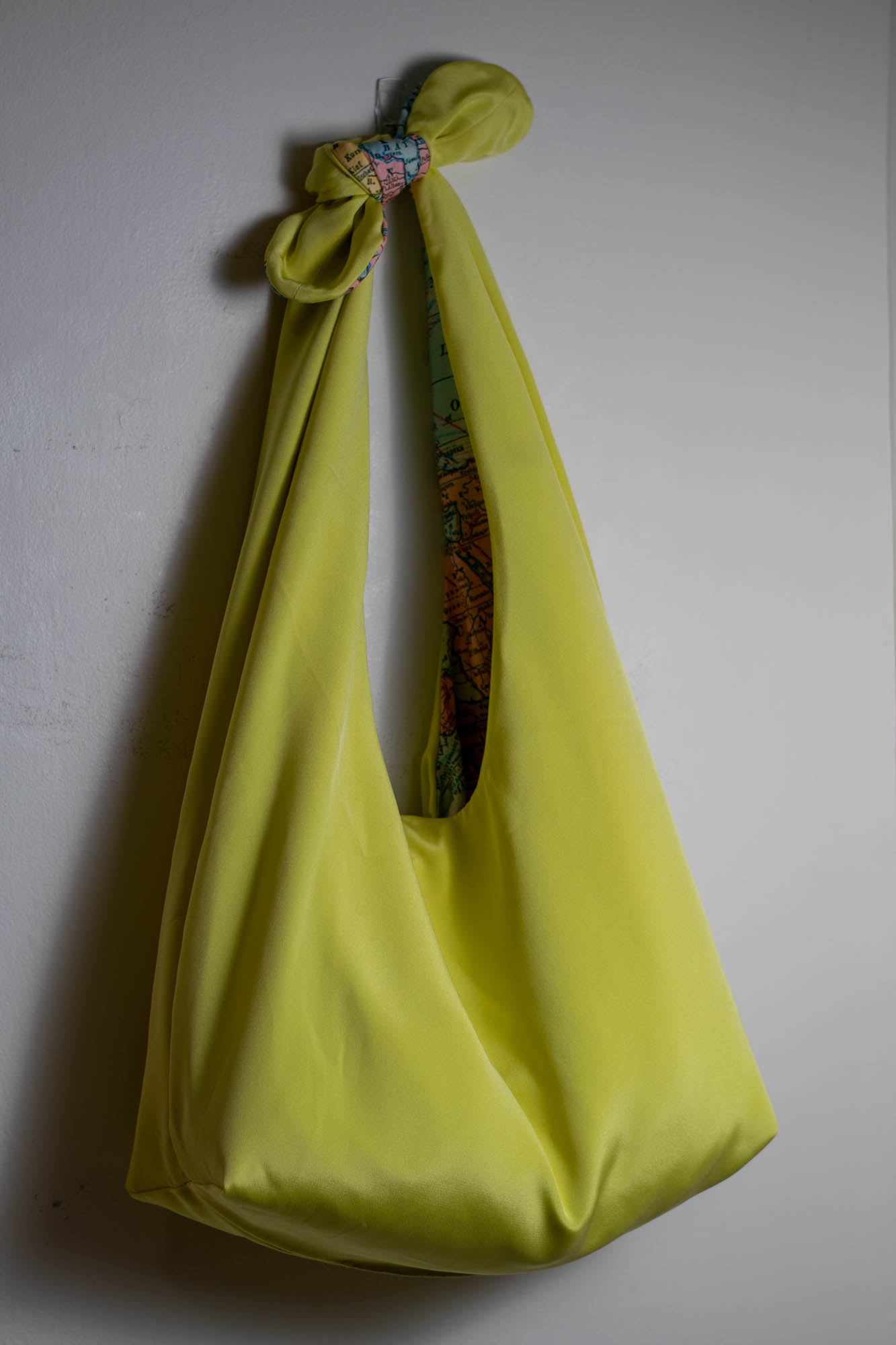 Reversible Shoulder Tie Sac Made from Salvaged Fabric — World Map