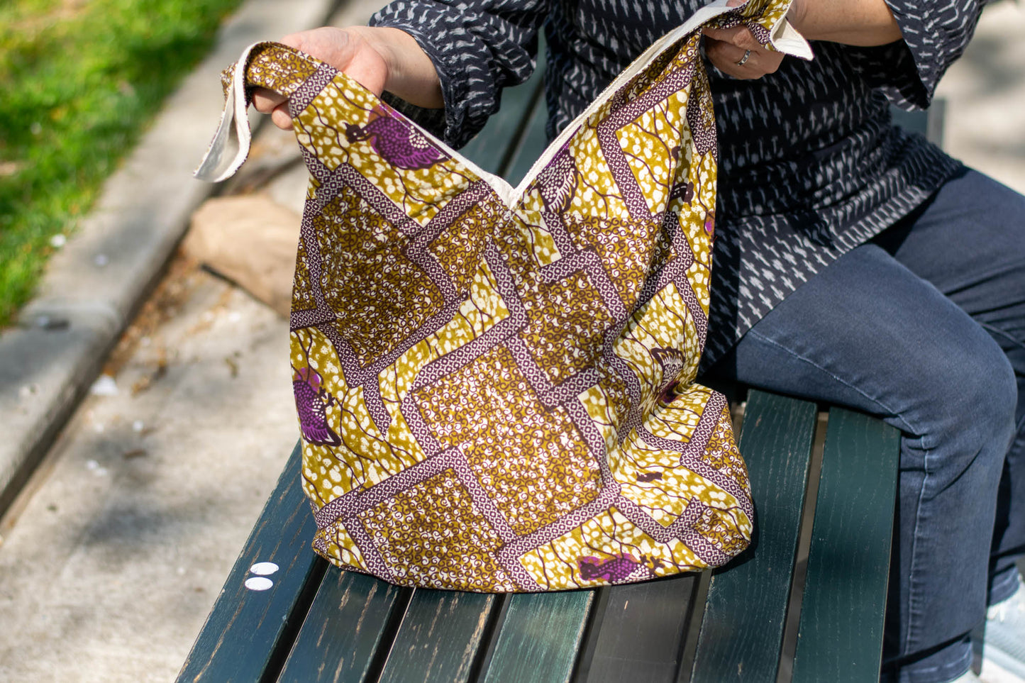 Reversible Azuma Sack Medium Made from Salvaged African Fabric D #0702002