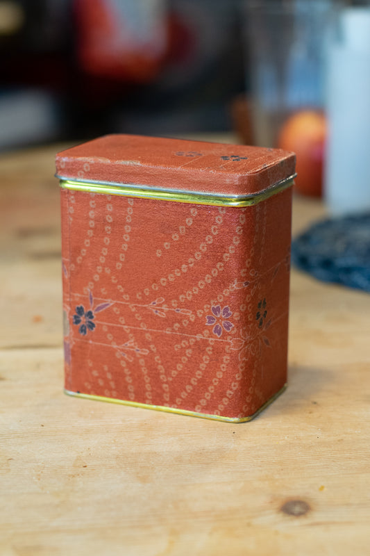 Salvaged Fabric Wrapped Tea Canister — Small Flowers on Orange