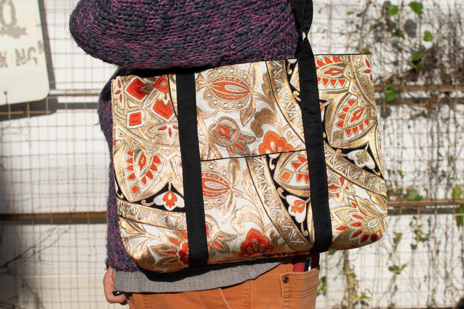 Gold and Orange Floral Obi Sash Tote-1