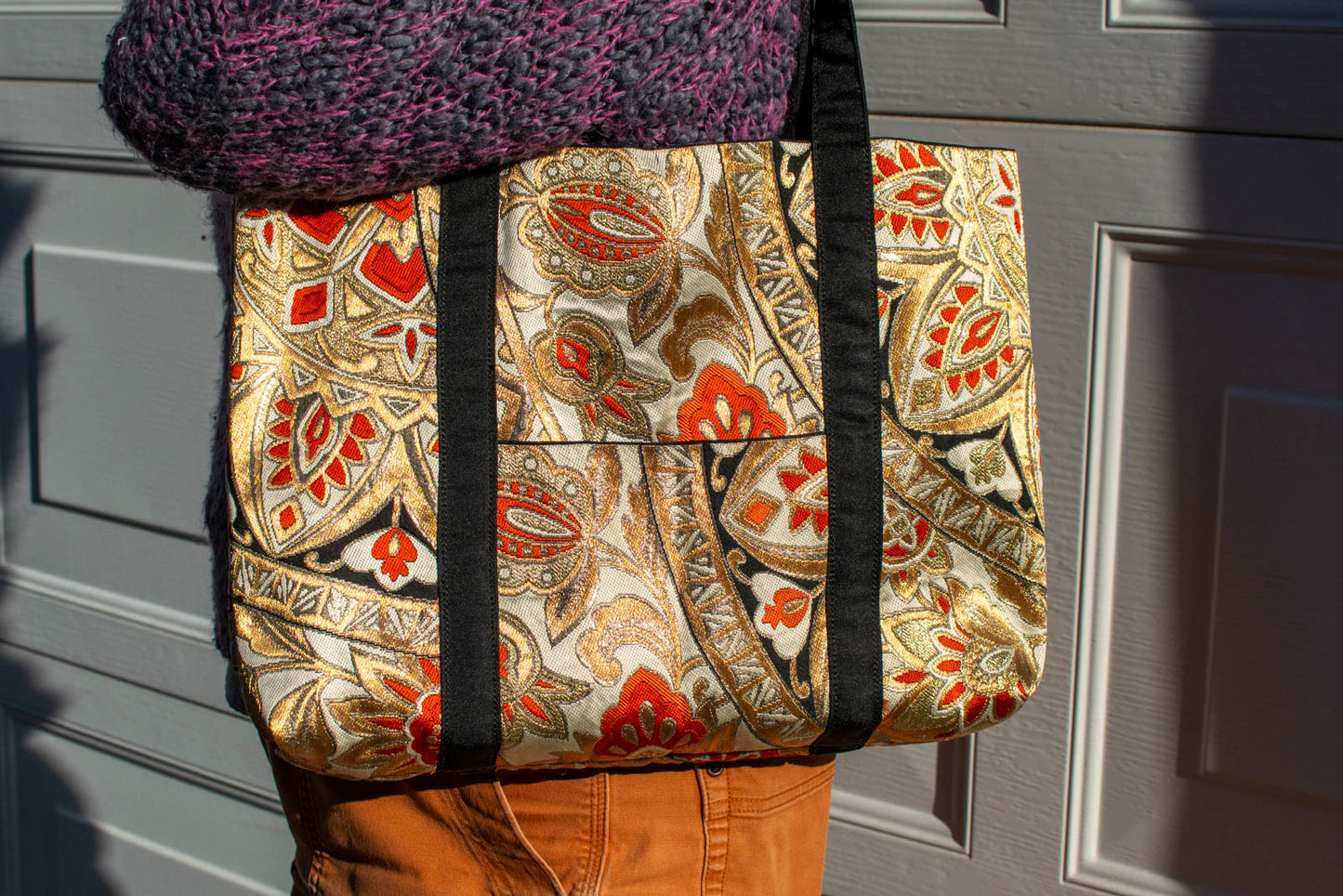 Gold and Orange Floral Obi Sash Tote-3