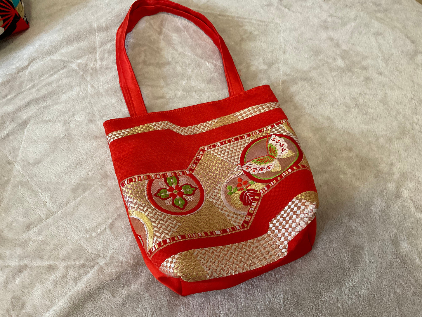Silk Tote Bag Made from Salvaged Obi Sash Belt — Butterflies and Flowers, front lay down