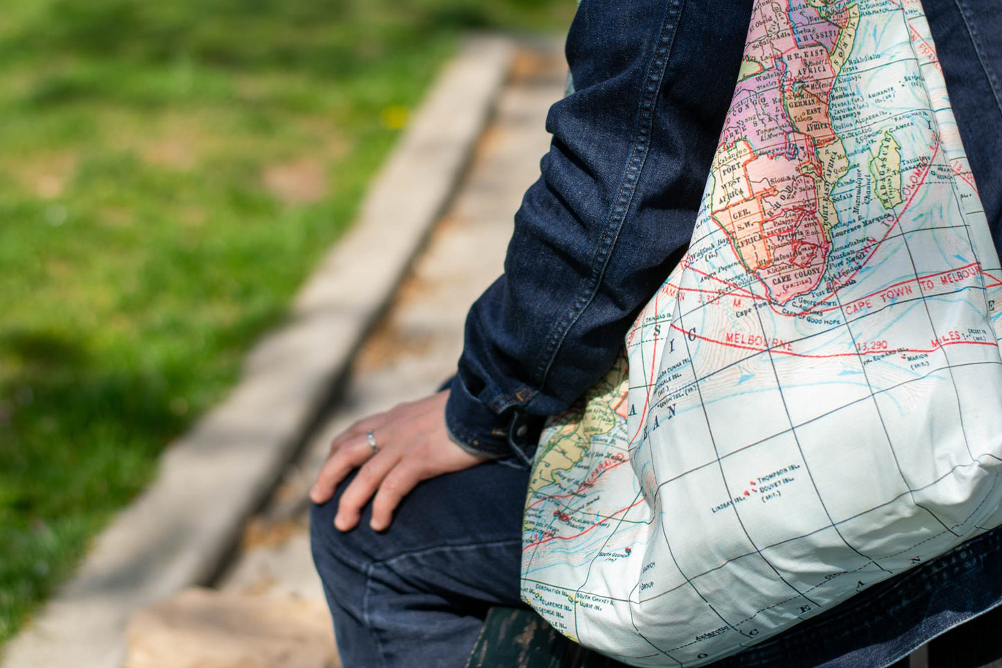 Reversible Shoulder Tie Sac Made from Salvaged Fabric — World Map