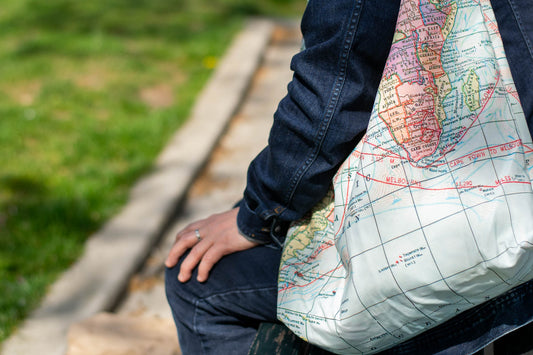 Reversible Shoulder Tie Sac Made from Salvaged Fabric — World Map