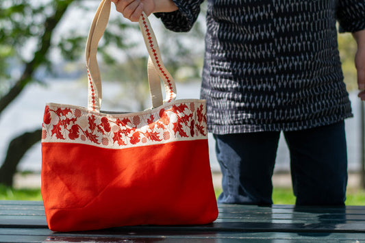 Silk Tote Bag Made from Salvaged Obi Sash Belt — Red Christmassy Floral Band  #0701005