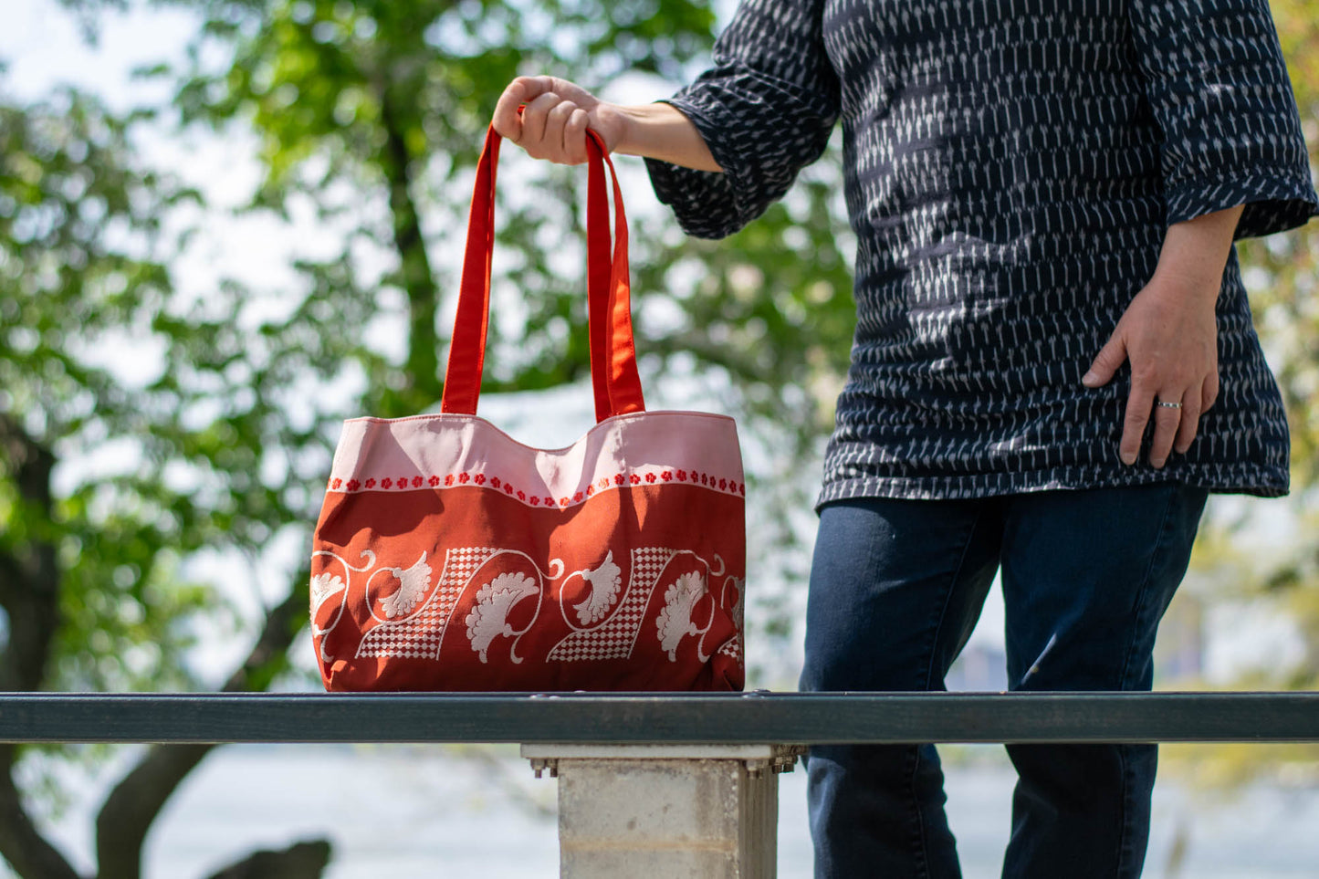 Silk Tote Bag Made from Salvaged Obi Sash Belt — Pink & Red with White Embroidery #0701003