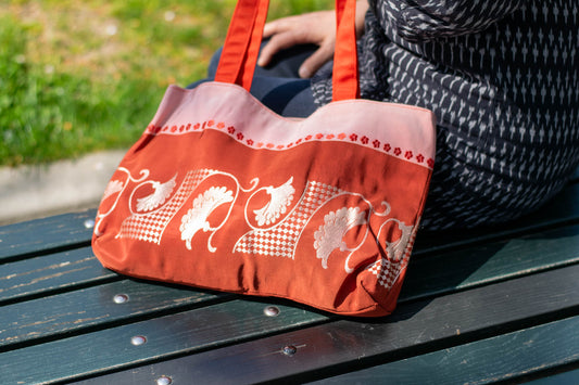 Silk Tote Bag Made from Salvaged Obi Sash Belt — Pink & Red with White Embroidery #0701003