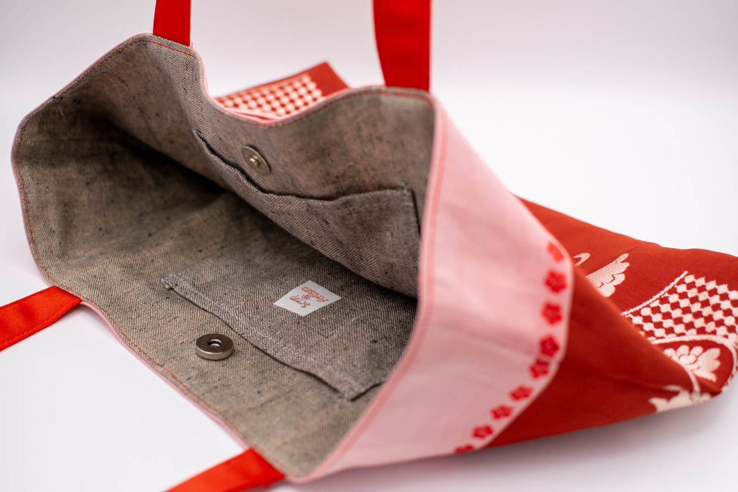 Silk Tote Bag Made from Salvaged Obi Sash Belt — Pink & Red with White Embroidery #0701003