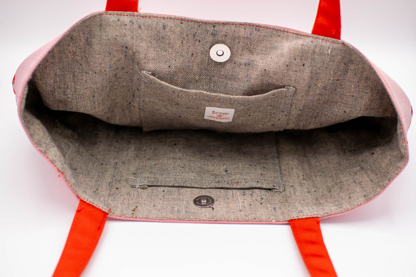 Silk Tote Bag Made from Salvaged Obi Sash Belt — Pink & Red with White Embroidery #0701003