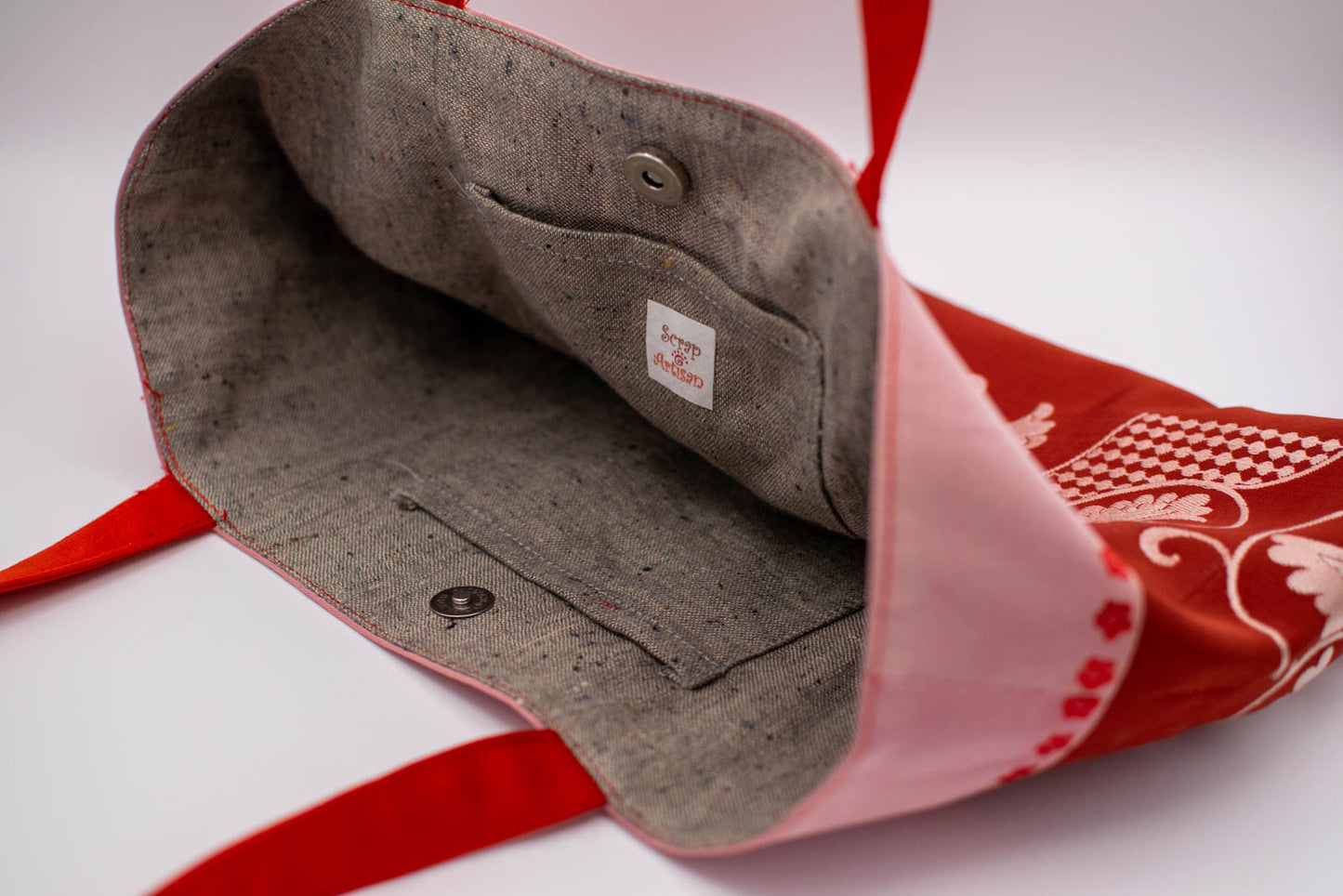 Silk Tote Bag Made from Salvaged Obi Sash Belt — Pink & Red with White Embroidery #0701003