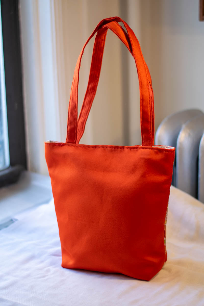 Silk Tote Bag Made from Salvaged Obi Sash Belt — Butterflies and Flowers, back standing