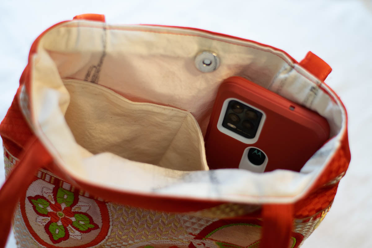 Silk Tote Bag Made from Salvaged Obi Sash Belt — Butterflies and Flowers, inside with a mobile