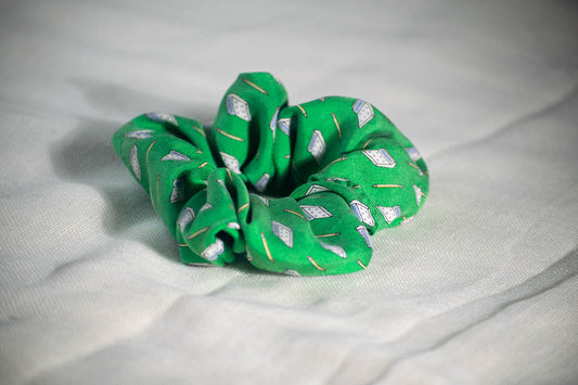 Scrunchie Made from A Necktie — Calculators and Pens on Green-1