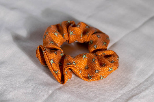 Scrunchie Made from A Necktie — Tiny Figures on Orange-1