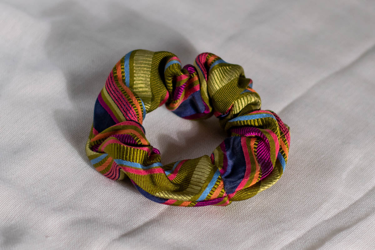 Scrunchie Made from A Necktie — Multicolor Stripes 1