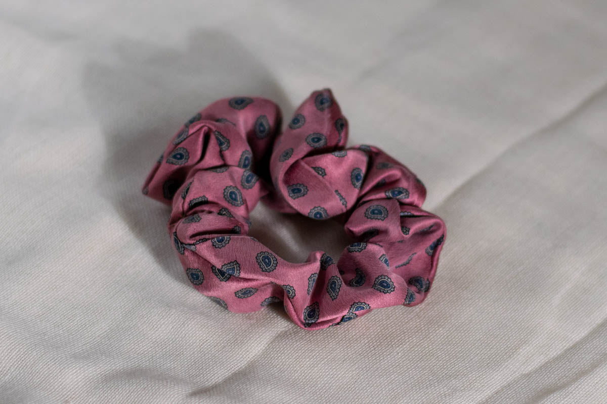 Scrunchie Made from A Necktie — Paisleys on Dusty Pink-2