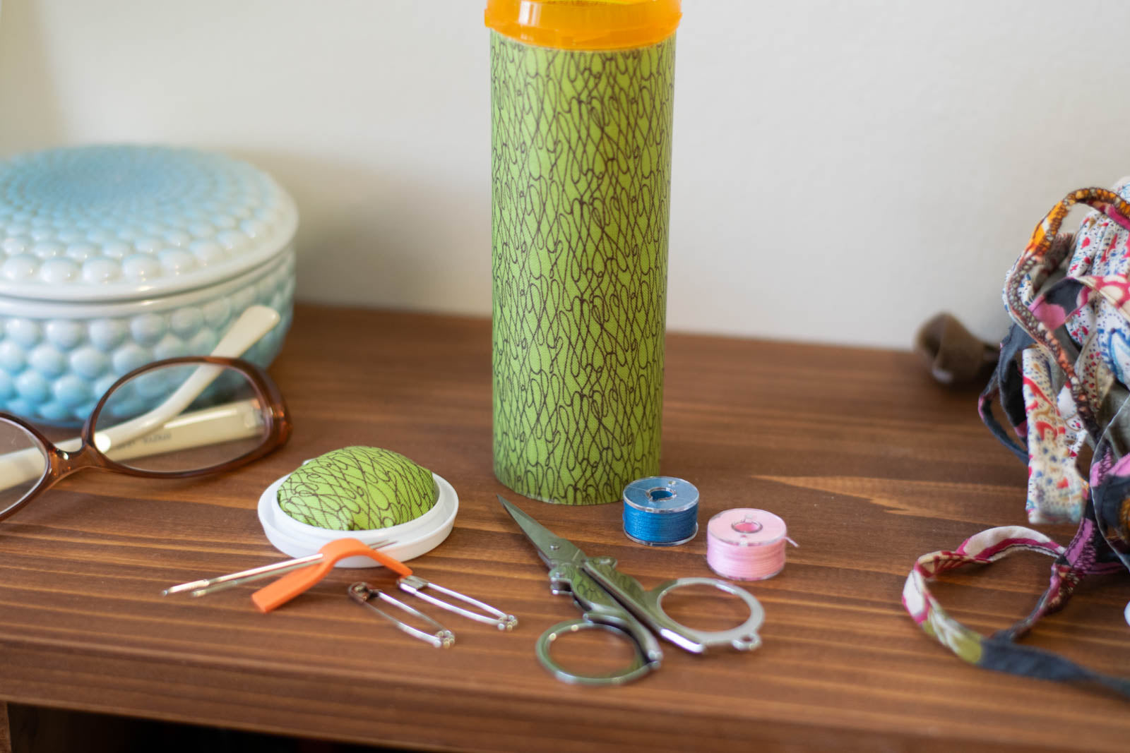Upcycled Prescription Bottle Sewing Kit — Brown Scribbles on Green, 5.5" high, easy open cap, open with contents