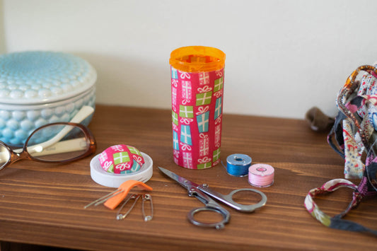 Upcycled Prescription Bottle Sewing Kit — Gift Boxes on Pink, 3.75" high, open with contents