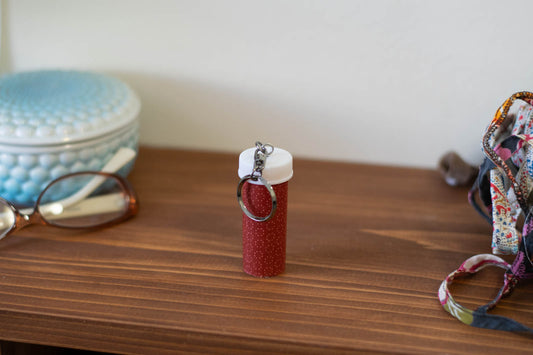 Upcycled Prescription Bottle Key Holders — Small Pink Circled Dots on Red, closed