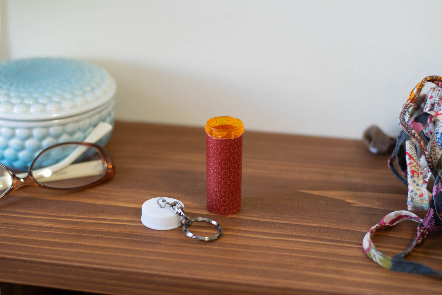 Upcycled Prescription Bottle Key Holders — Small Pink Circled Dots on Red, open