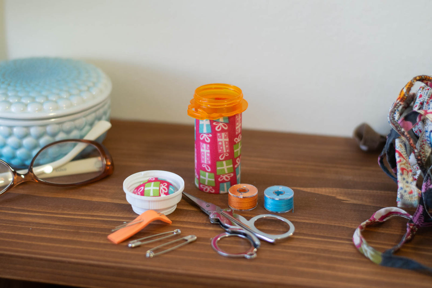 Upcycled Prescription Bottle Sewing Kit — Gift Boxes on Pink, 3.25" high, open with contents