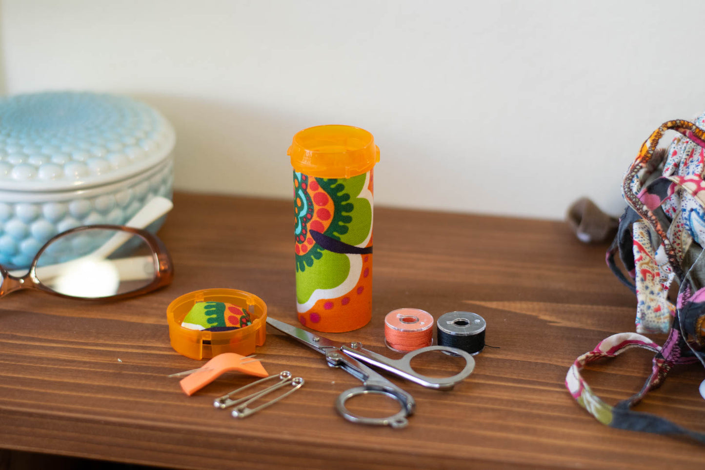 Upcycled Prescription Bottle Sewing Kit — Large Flower Print, 3.25" high, lid open