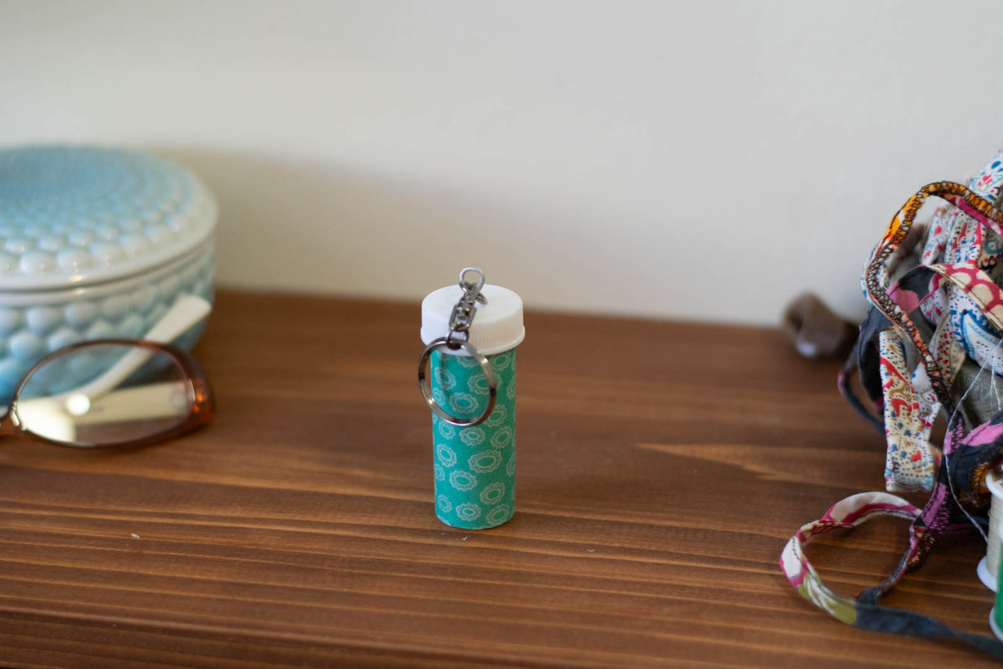 Upcycled Prescription Bottle Key Holders — White Rings on Teal, closed