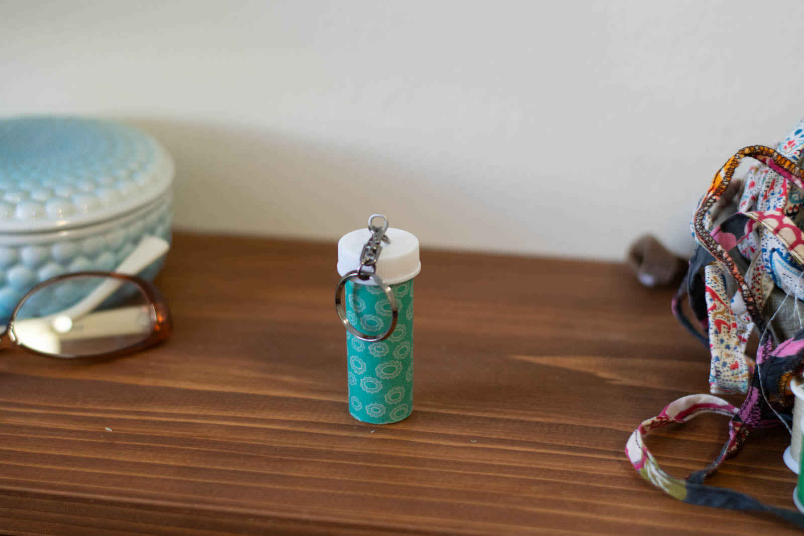 Upcycled Prescription Bottle Key Holders — White Rings on Teal, closed