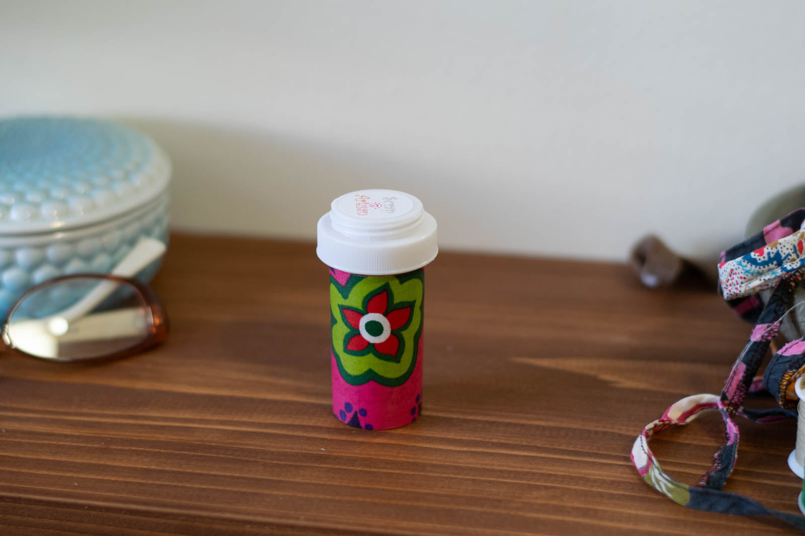 Upcycled Prescription Bottle Sewing Kit — Large Flower Print, 3" high, lid closed