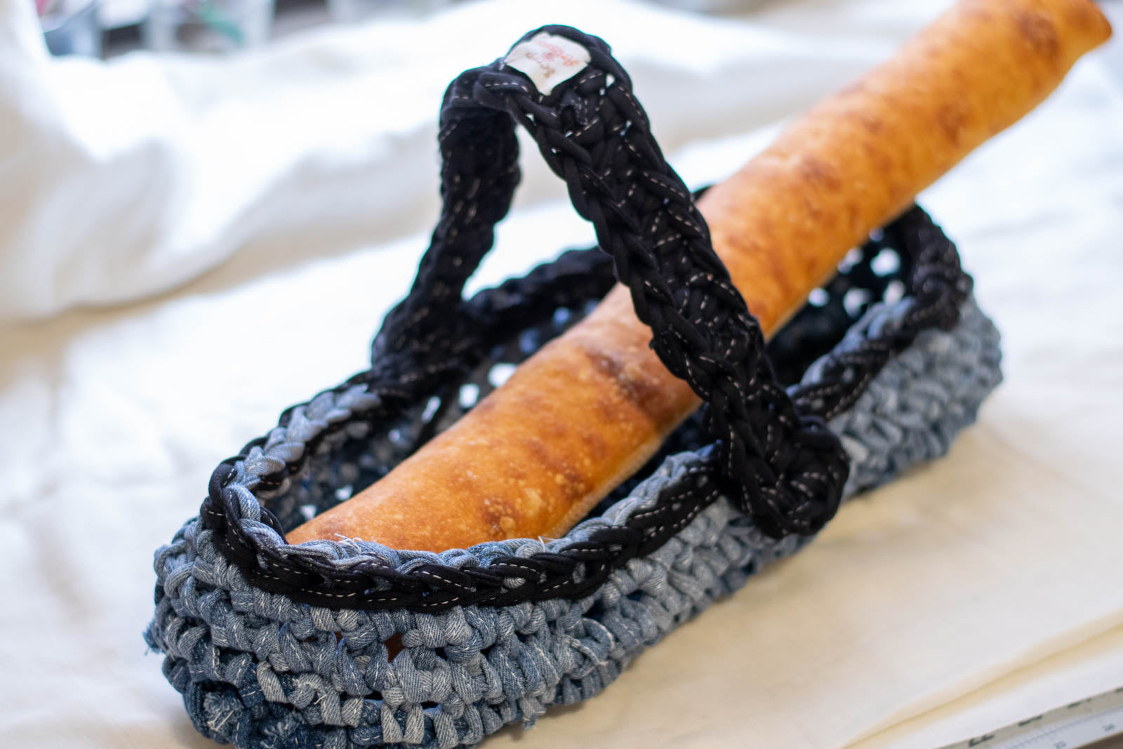 Eco Friendly Jean Basket — Long Oval Bread Basket, with bread
