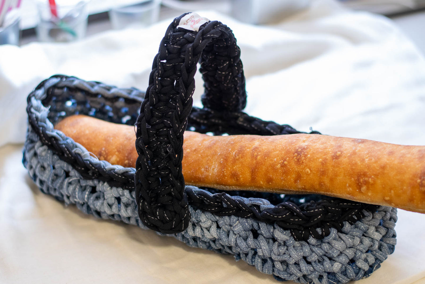 Eco Friendly Jean Basket — Long Oval Bread Basket, with bread 2