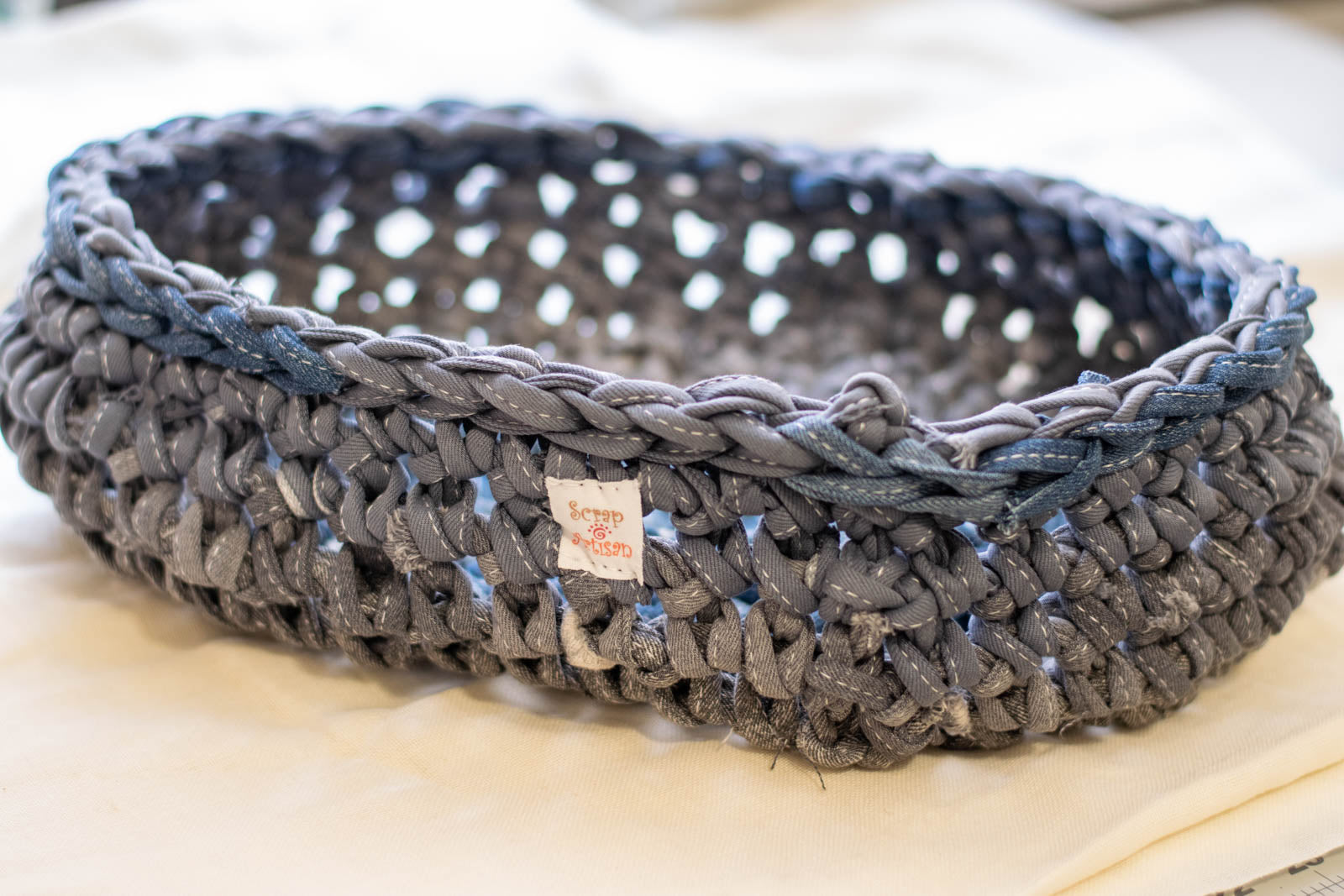 Eco Friendly Jean Basket — Large Oval, side view with label 2