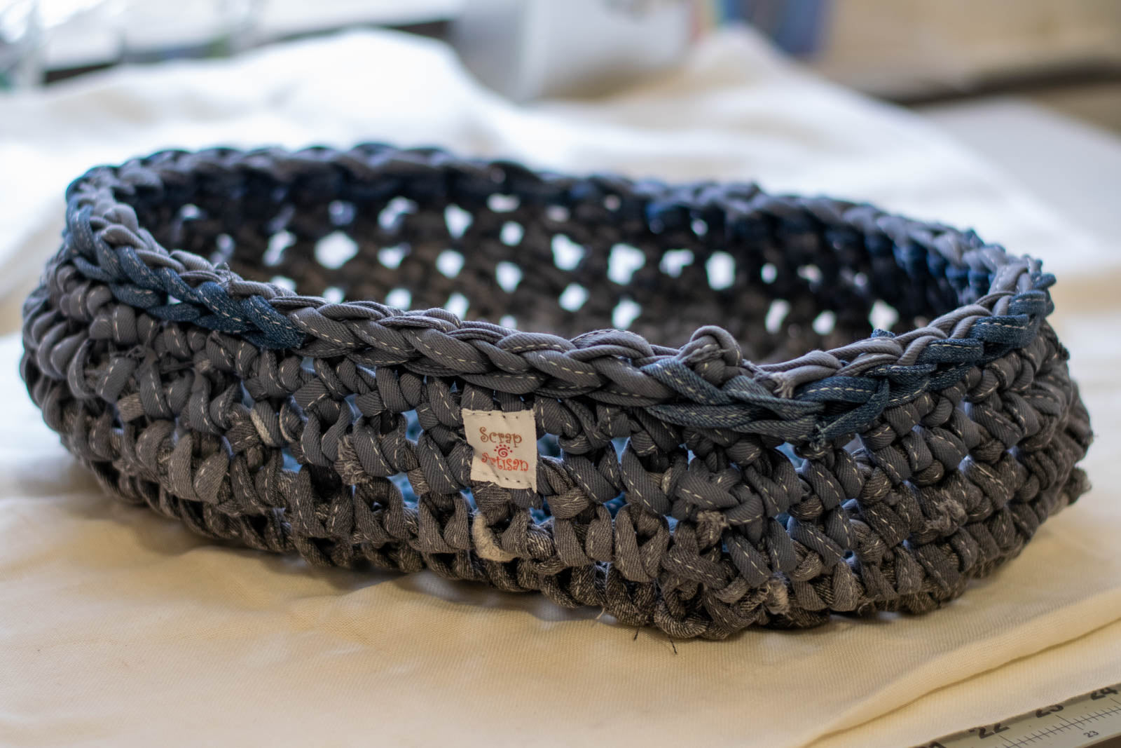 Eco Friendly Jean Basket — Large Oval, side view with label