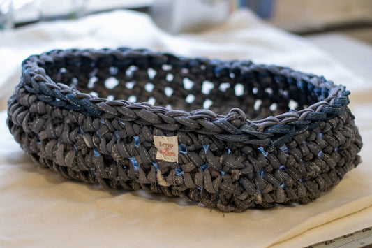 Eco Friendly Jean Basket — Large Oval, side view with label