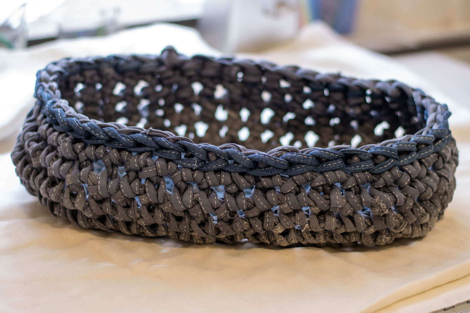 Eco Friendly Jean Basket — Large Oval, side view without Lebel