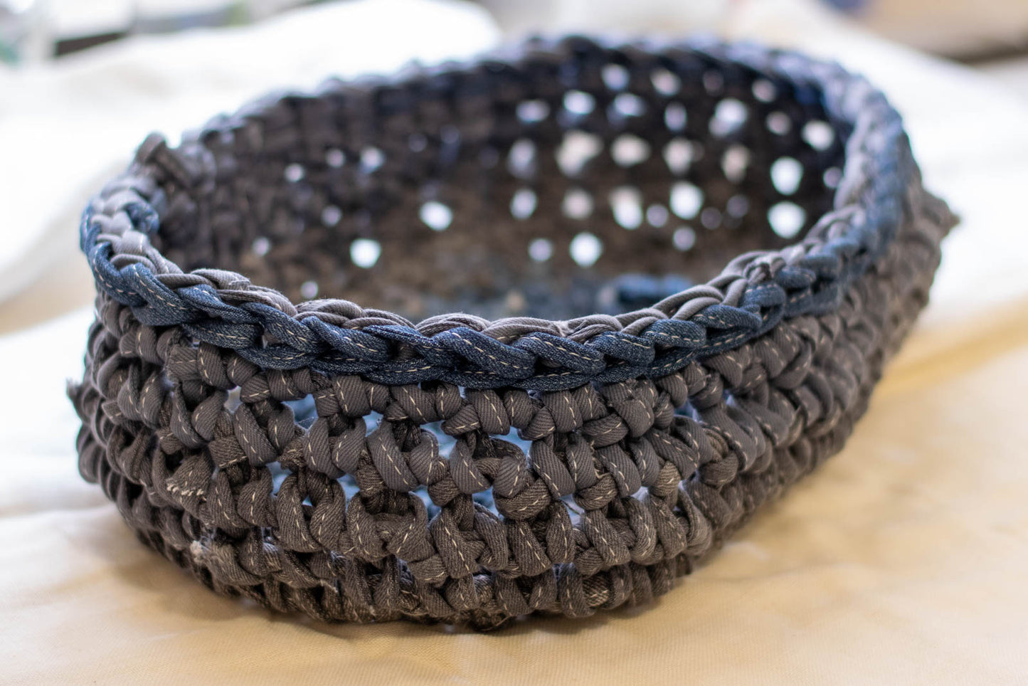 Eco Friendly Jean Basket — Large Oval, narrow side view