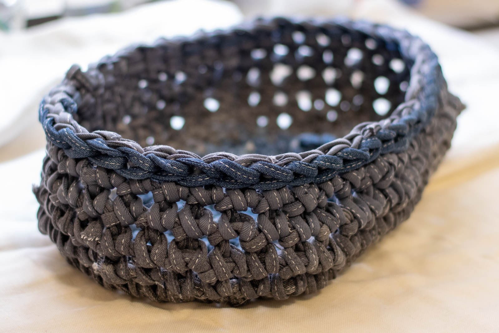 Eco Friendly Jean Basket — Large Oval, narrow side view