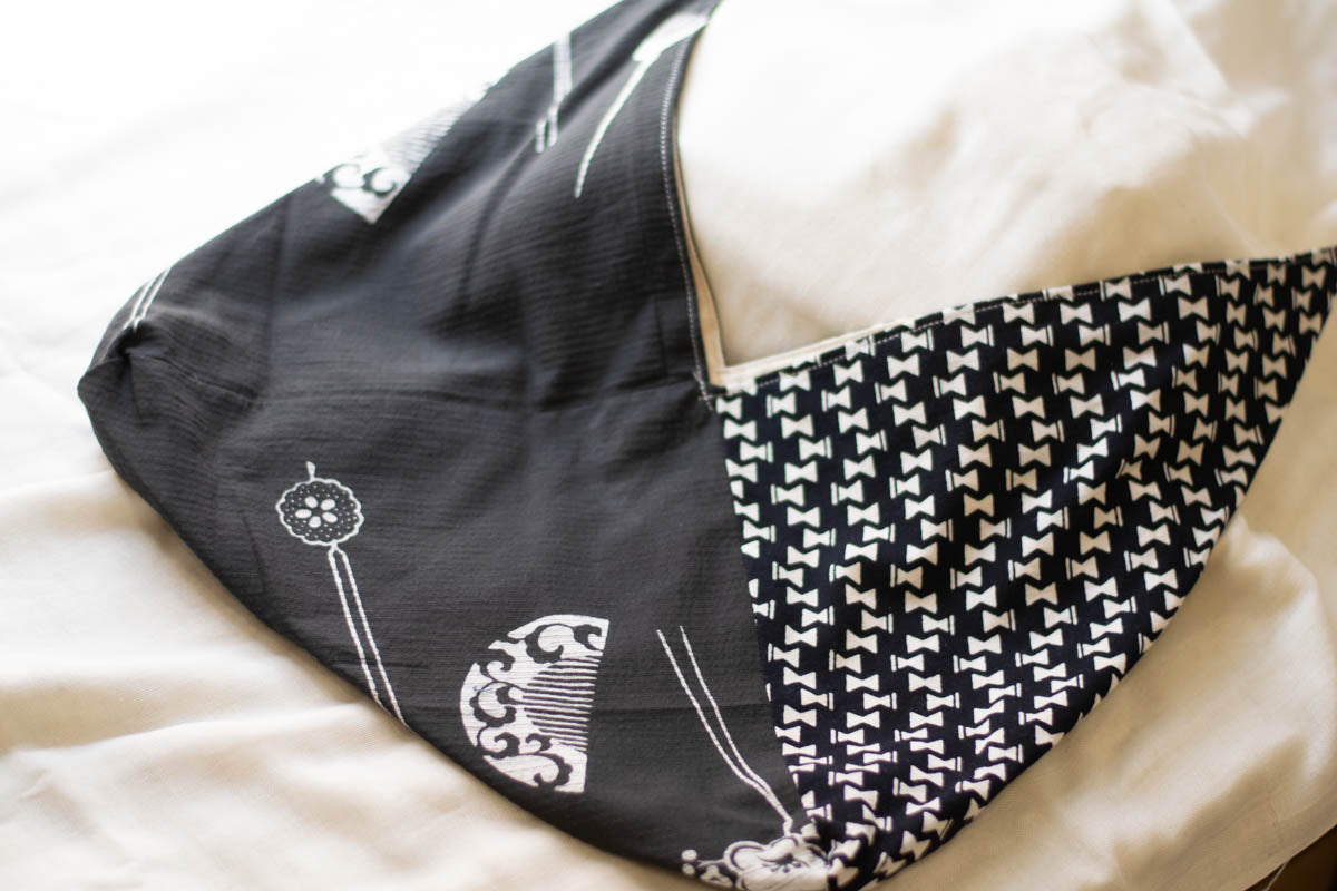 Reversible Azuma Tote Bag Medium Made from Salvaged Japanese Fabric D, outside, untied-2