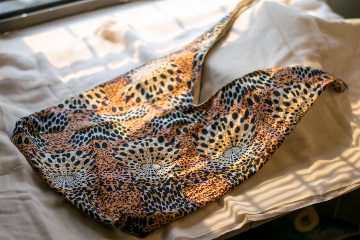 Reversible Azuma Sack Medium Made from Salvaged African Fabric B, outside, untied-2