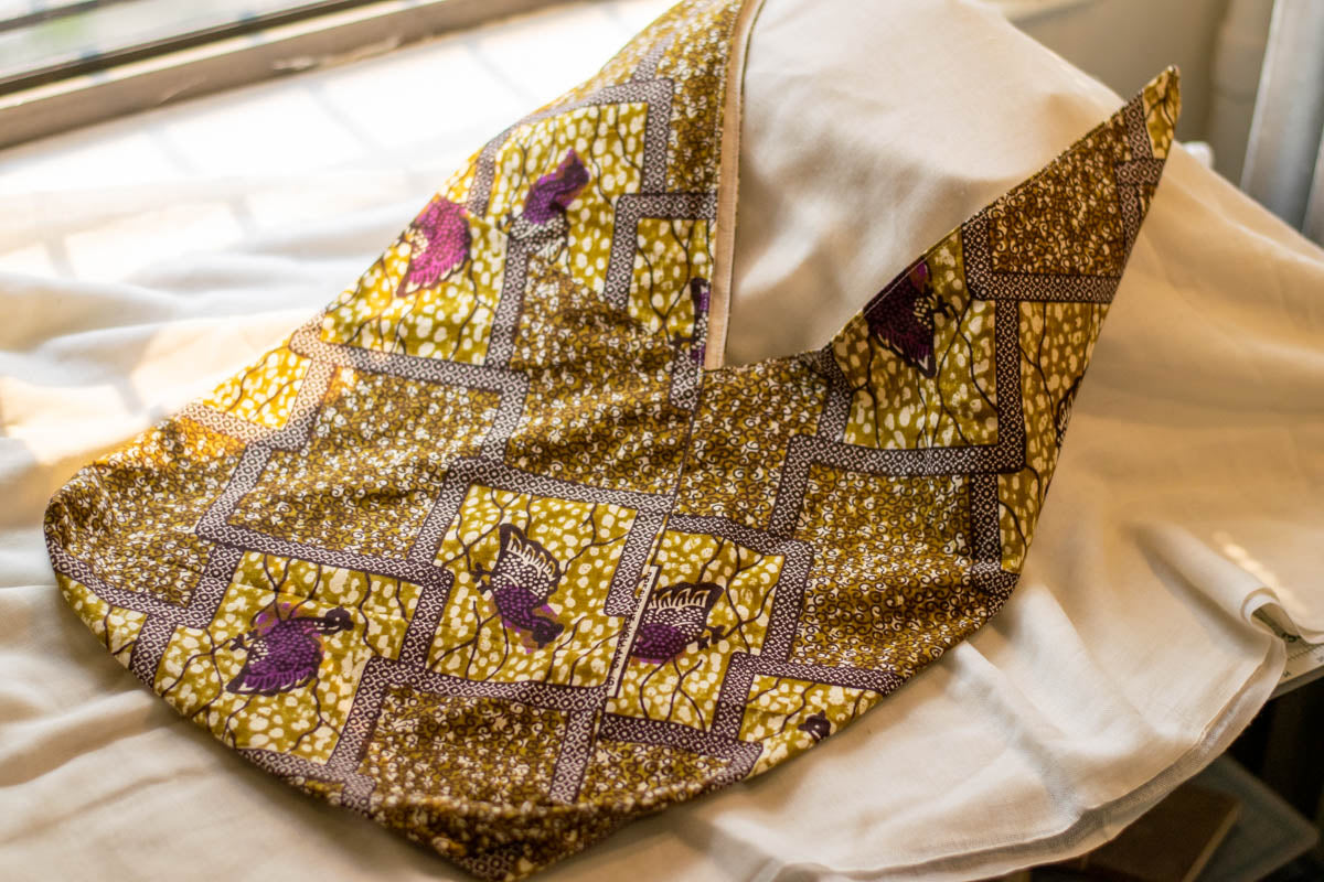 Reversible Azuma Sack Medium Made from Salvaged African Fabric D, untied, outside-1