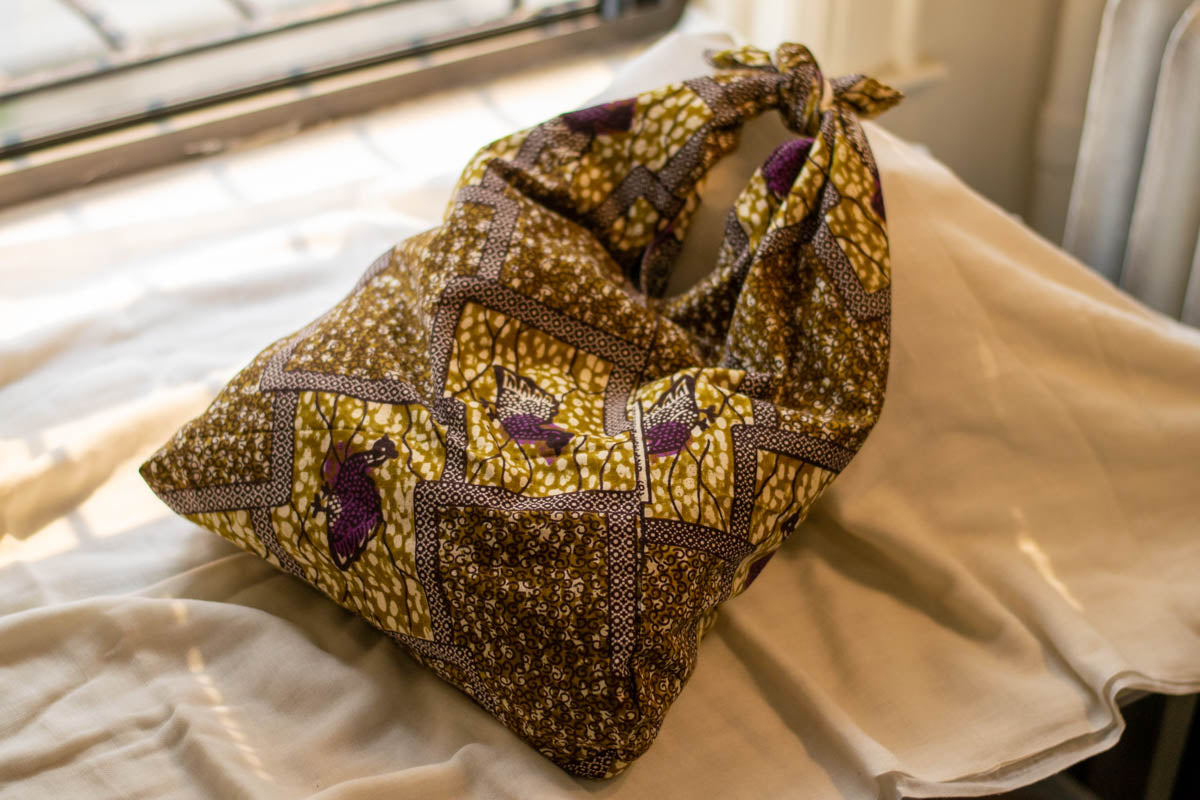 Reversible Azuma Sack Medium Made from Salvaged African Fabric D, tied, outside-1