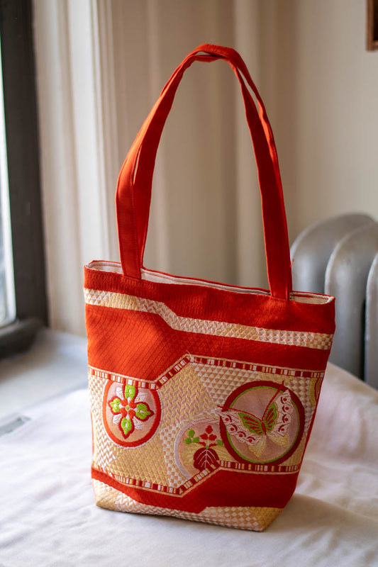 Silk Tote Bag Made from Salvaged Obi Sash Belt — Butterflies and Flowers-front standing