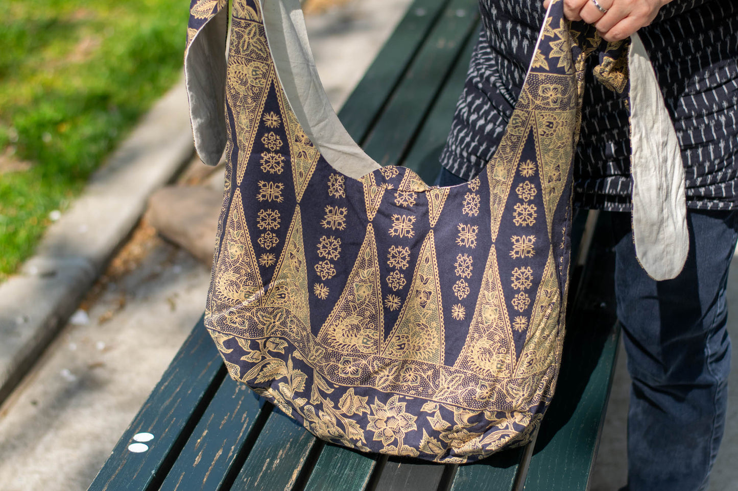 Reversible Shoulder Tie Sac Made from Salvaged Fabric — Dark Blue and Beige Botanical